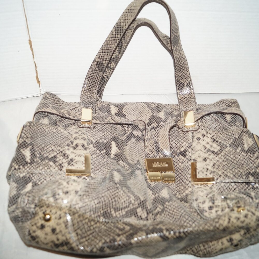 MICHAEL KORS Gray Tan Black Snakeskin Print Satchel Bag Tote Purse
